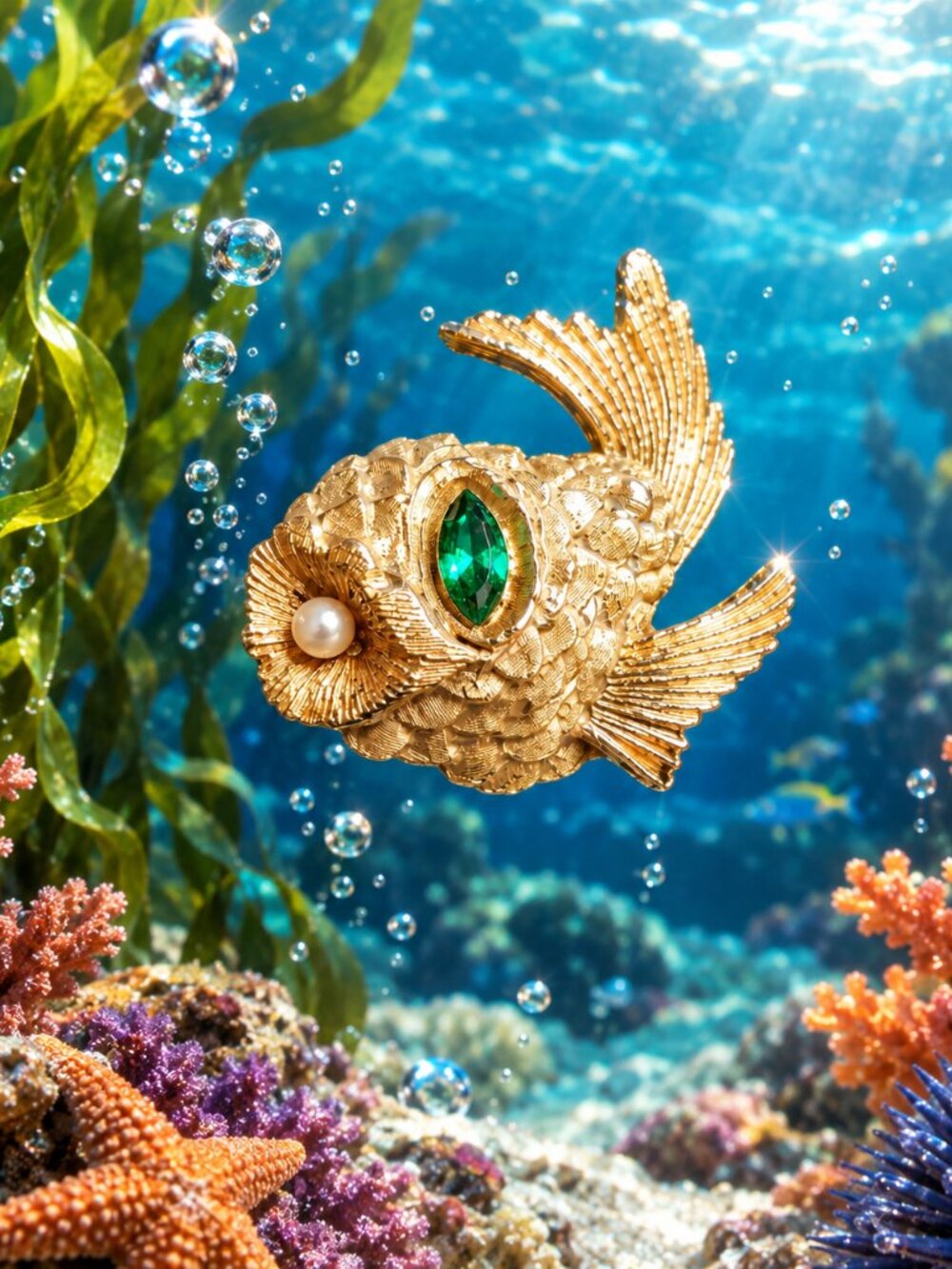 Vintage Signed ©Ledo Pufferfish Brooch Gold Tone Emerald Green Eye Pearl Accent - Picture 9 of 16